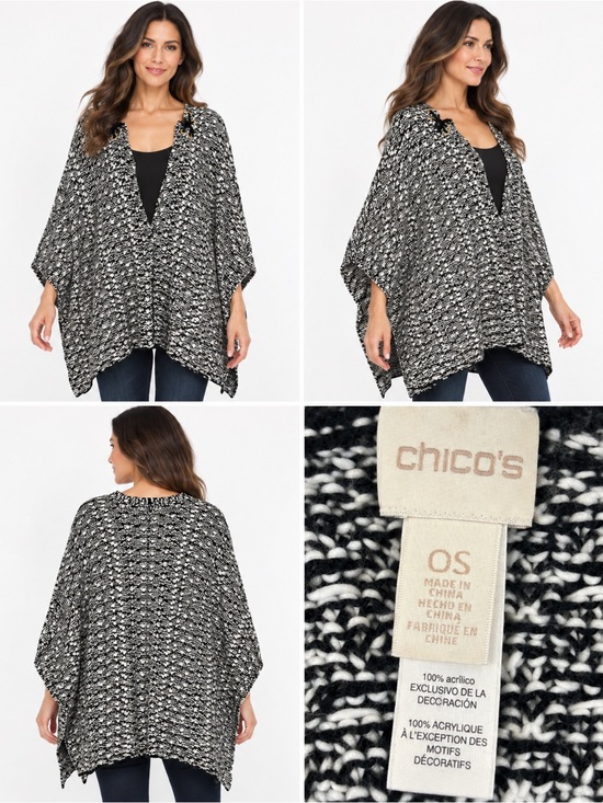 Chico's Sweaters - Chico’s OS Black White Monochrome Knit Cardigan Lace Up Neck Sweater SzOS